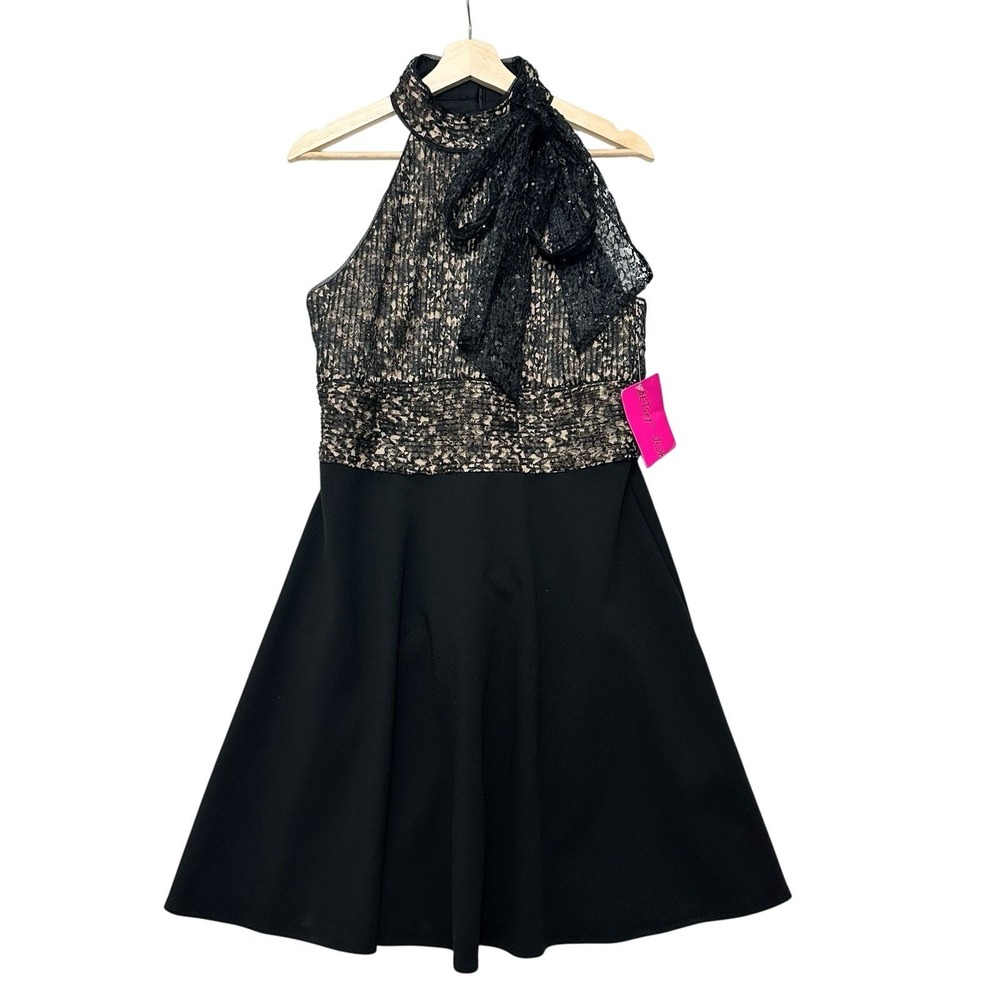 Betsey Johnson Dress Sequin Lace Bow Halter Fit Flare Black Sz 10 NWT Holiday
